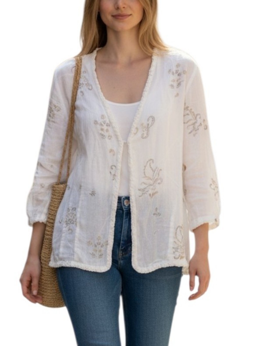 Chico's White Linen Embroidered Cardigan Blouse